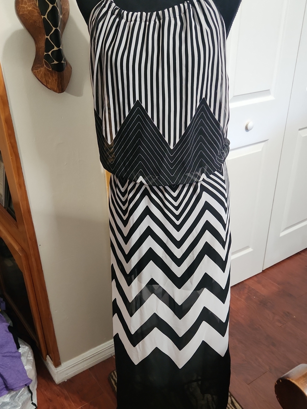 finn & clover Black and White Chevron Maxi Halter Dress